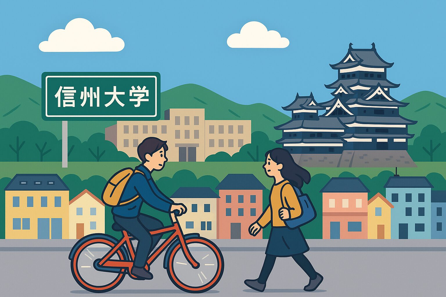 信大生_自転車_徒歩_通学_松本市街_イラスト