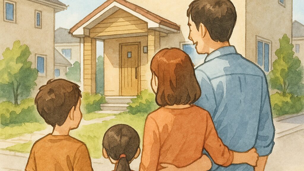 新築の建売住宅を前に微笑む家族の後ろ姿
