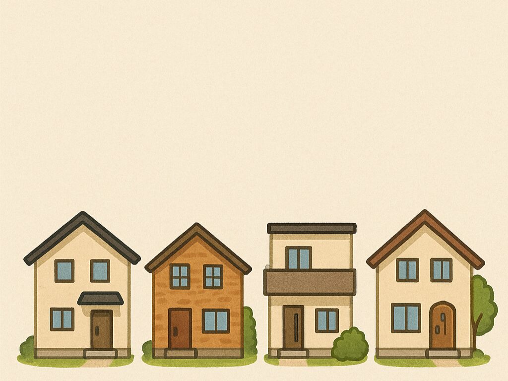 4種類の住宅タイプ（新築・中古・建売・注文住宅）をイラスト風に並べたイメージ　