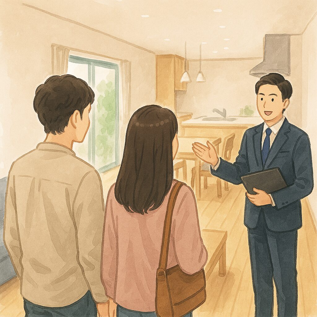 購入相談中のご夫婦が住宅モデルルームを見学している後ろ姿