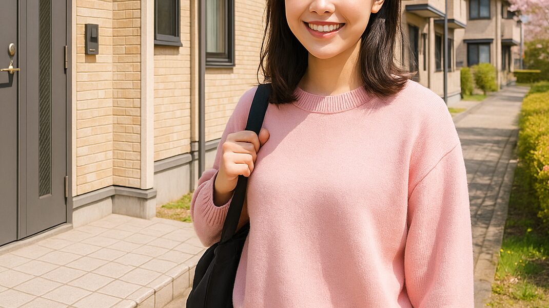 女性信大生が安心して暮らす明るいアパートの玄関周辺（春）